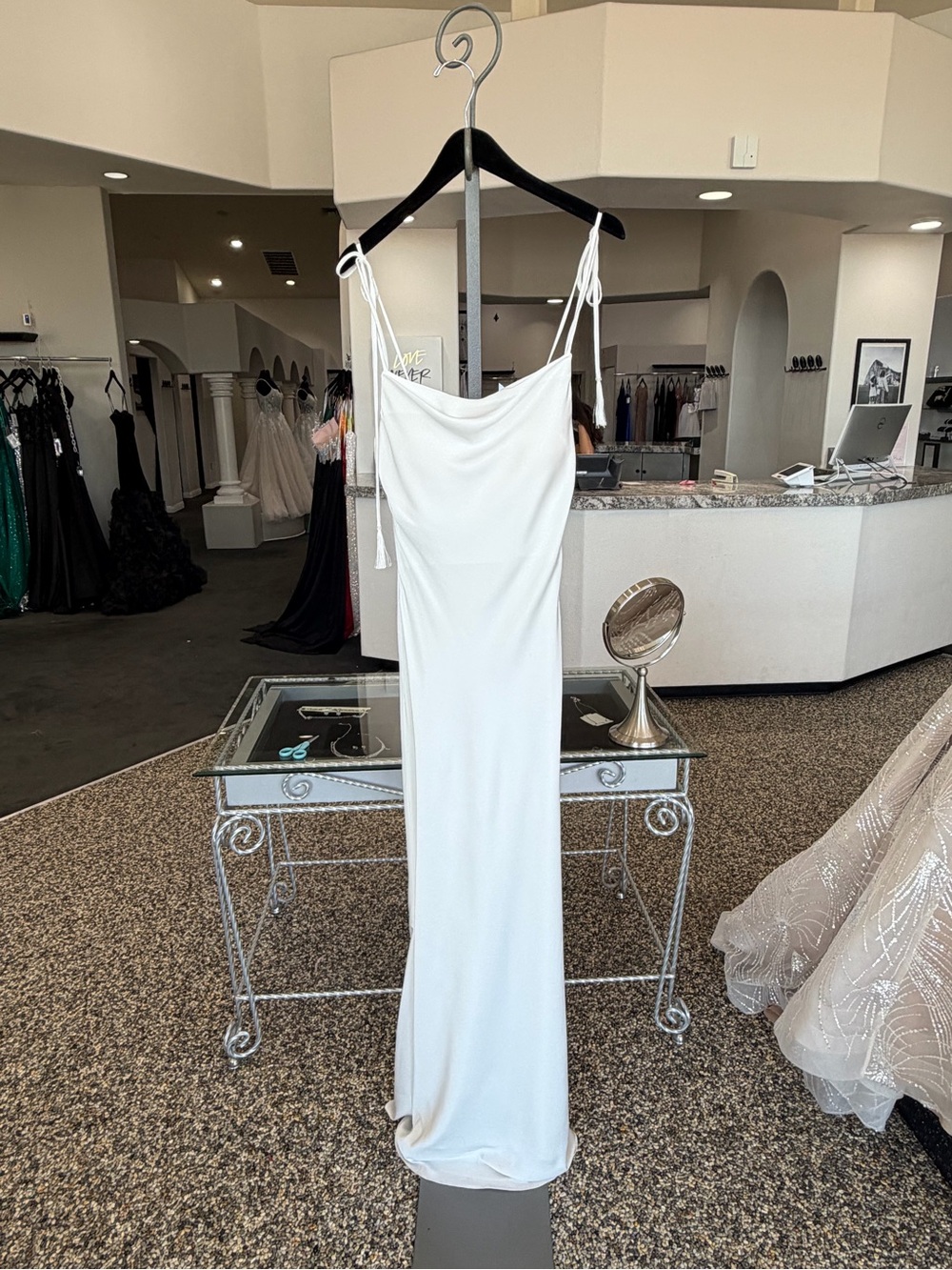 Mori Lee White Cowl-Neck Maxi Slip Dress with Tie Straps 21829 in ivory